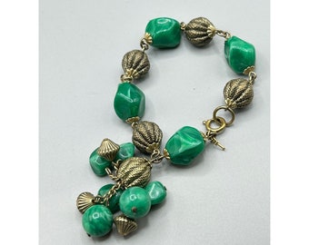 Signed Trifari Beaded Bracelet Gold Tone & Green Plastic Beads Vintage Jewelry