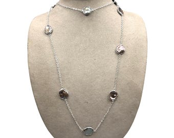 HONORA Sterling Silver Open Back Bezel Set Pearl Necklace 34" Soft Peacock Keshi Pearls