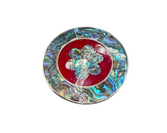 Vintage ALPACA Mexico Pin Brooch Pendant Abalone Shell Inlay Round Red Design