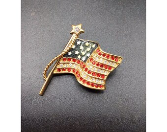 American Flag Pin Patriotic Red White Blue USA Flag Enamel & Rhinestones Brooch