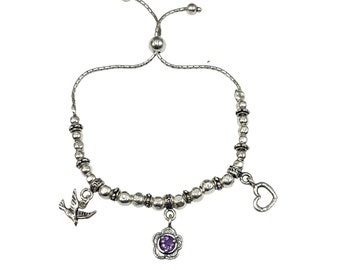 Sterling Silver Bracelet with Charms Amethyst Stone Heart Flower Bird Adjustable