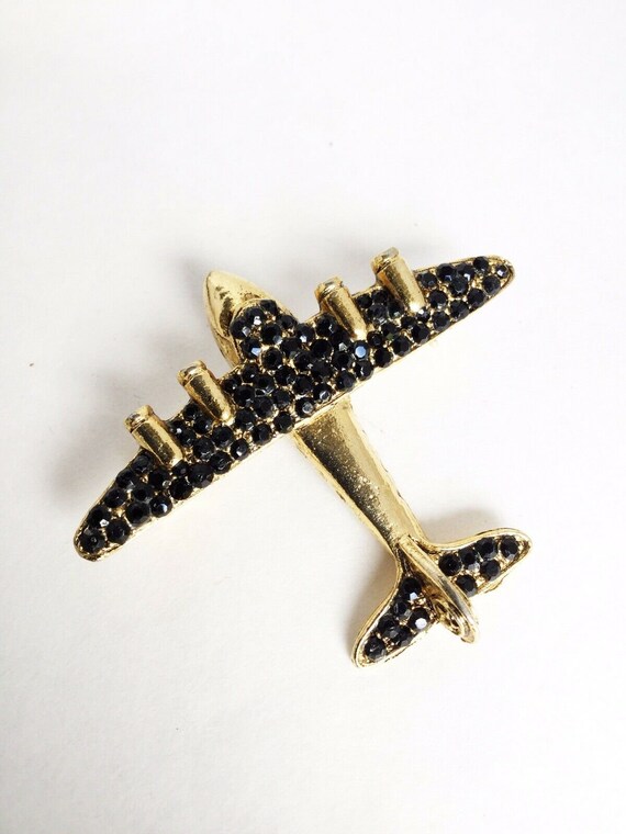 Wendy Gell Black Rhinestones pave Gold Tone airpla