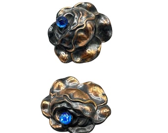 Vintage Pair Of Dress Clips Roses Floral Roses Clips With Blue Glass Rhinestones
