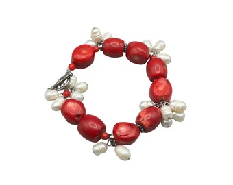 Red Dyed Bamboo Coral and Genuine Pearls Bracelet Chunky Beaded Colorful Jewelry