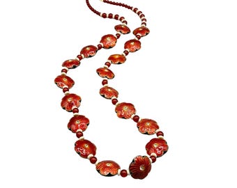 Vtg Red Cloisonne Floral Beaded Necklace UV Glowing Beads Accents & Rhinestones