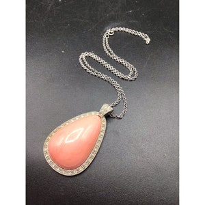 Vintage Pink Necklace Large Tear Drop Stone Pendant & Rhinestones Avon Jewelry