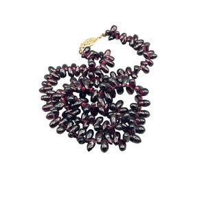 Vintage Deep Red Garnet Beaded Necklace with Gold Tone Clasp Long Necklace