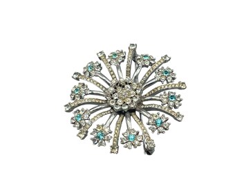 Vintage 1940s Rhinestones Flower Brooch Layered Silver Plating & Clear Stones