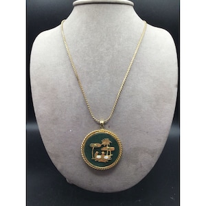 Semi Precious Stones Oriental Necklace Round Medallion on Pierre Cardin Chain