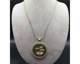 Semi Precious Stones Oriental Necklace Round Medallion on Pierre Cardin Chain