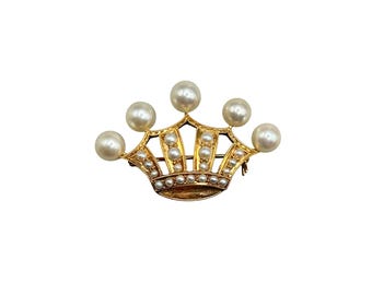 Vintage Crown Pin Brooch 14K Yellow Gold And Pearls Coronet Pin Brooch