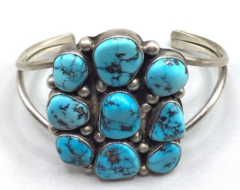 Turquoise Stone Cuff Bracelet Native American Sterling Silver Large Old Pawn