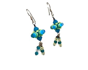 Vintage Dangle Earrings Blue And Green Lampwork Glass Beads Handcrafted