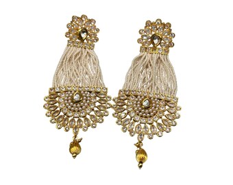 Indian Statement Earrings Large Chandelier With Faux Pearls And Clear Crystals