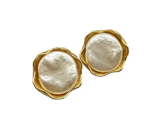 Vintage 80s Faux Pearl Clip On Earrings Gold Tone Abstract Design
