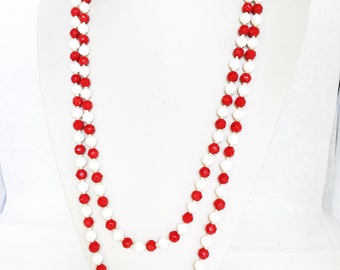 Czech Glass Necklace Red And White Faceted Glass Beads Hand Knotted Long Strand