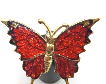 Red Glittery Butterfly Pin Brooch Vintage Taiwan Gold Tone Tin Style Insect Pin
