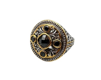 90s Two Tones Ring Size 8.5 Gold and Silver Color with Black Glass Stones