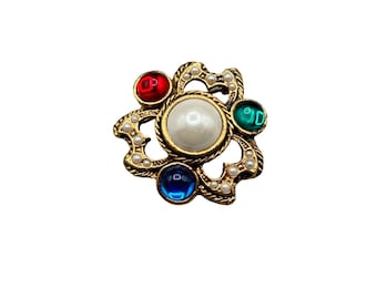 Vintage Jeweled Pin Brooch Gold Tone with Multicolor Stones Gripoix Style Pin