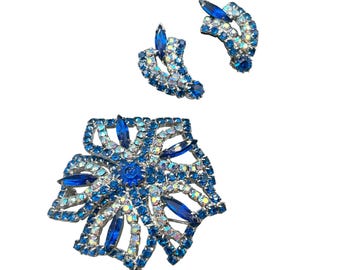 Vintage Blue Rhinestones Pin Brooch And ClipOn Earrings Prong Set Stones Layered Domed Design