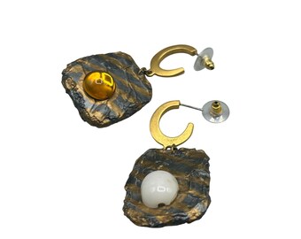 Statement Dangle Earrings 90s Handcrafted Pieced Drops With Colorful Cabochons