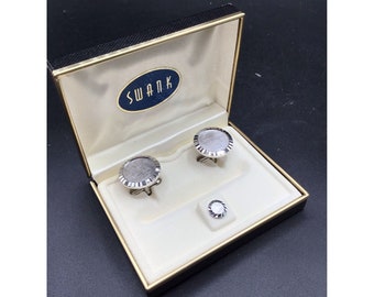 Swank Cufflinks and Tie Tack Set Silver Tone New Old Stock with Original Box
