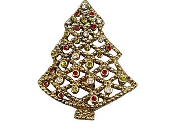 Vintage Christmas Tree Pin Brooch Gold Tone And Rhinestones Antiqued Color Metal