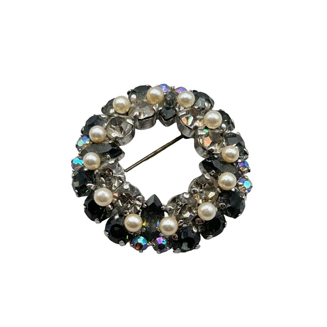 Broche Vintage Signée Henry Perichon - Perles, Sulfure Et Strass Bleus Sur Laiton Doré - Occasion à Nettoyer