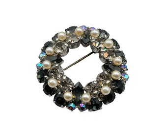 Signed Made in Austria Round Wreath Pin Brooch Blue Colors Rhinestones Pearls
