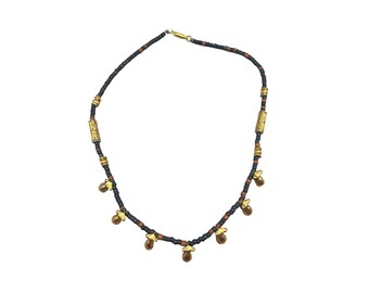 Ethnic Beaded Necklace with Gold Tone Critters Frog Charms Black Beads