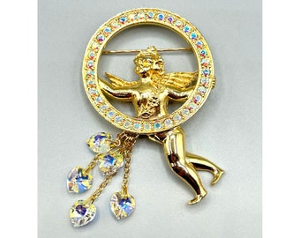 Angel with Rhinestones Wreath Hearts Dangles Kirks Folly Gold Tone Whimsical Pin