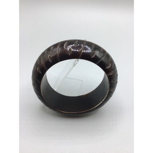 Carved Resin Bangle Bracelet Dark Chocolate Brown Chunky Heavy Costume Jewelry