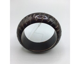 Carved Resin Bangle Bracelet Dark Chocolate Brown Chunky Heavy Costume Jewelry