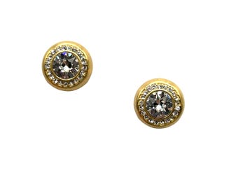 Gold Tone Rhinestone Stud Earrings with Clear Crystal Center & Halo Design