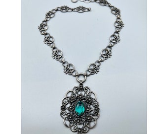 Antique Art Nouveau Necklace Silver Tone Ornate Intricate Design Green Glass