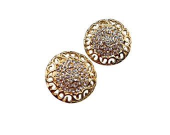 Gold Tone And Rhinestones Pierced Buttons Earrings Round Classic Retro Design
