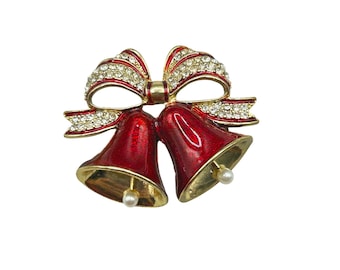 Christmas Bells Pin Brooch Red Enamel Faux Pearls And Rhinestones Holiday Jewelry