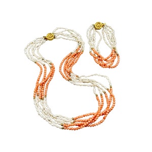 Vintage Coral and Rice Pearls Necklace & Bracelet Set Jewelry Multistrand Beaded