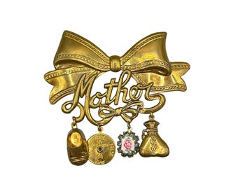 Vintage Gold Tone Mother Pin Brooch with Charms & Bow Ribbon and Dangles