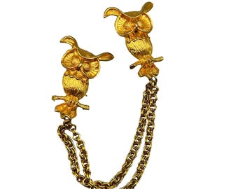 Vintage Gold Tone Owl Sweater Guard Double Pin Brooch Chain Accessory 8" Long