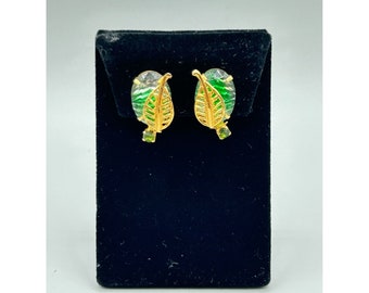Vintage Rhinestones Leaf Earrings Gold Tone & Green Givre Textured Glass Stones