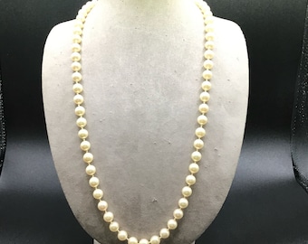 Glass Pearls Necklace with Gold Over Sterling Clasp 925 Hand Knotted Long Strand