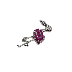Sterling Silver Pink Flamingo Pin Brooch Pendant w Rubies Bird Figural Jewelry