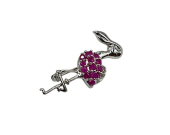 Sterling Silver Pink Flamingo Pin Brooch Pendant w Rubies Bird Figural Jewelry