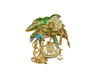 Kirks Folly Neverland Nautical Brooch Pin Mermaid Palm Boat Enamel & Rhinestones
