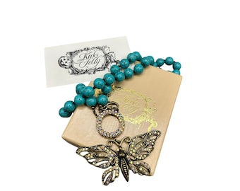 KIRKS FOLLY Butterfly Pendant Necklace Faux Turquoise Crystal Jeweled Butterfly With Box