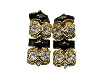 Vintage Clip On Earrings Gold Tone and Black Enamel with Clear Glass Stones