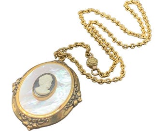 Mother of Pearl Faux Lady Cameo Pendant Necklace with Gold Tone Frame and Chain