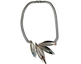 Vintage 90s Silver-Tone Art Deco Style Necklace With Colorful Acrylic Rhinestones