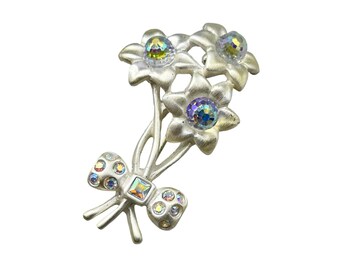 Vintage AK Flower Pin Brooch Anne Klein Matte Silver Tone & AB Crystal Stones